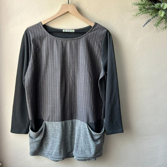 Beams Heart Gray Color Block Striped Long Sleeve Tunic with Pockets - Picture 1 of 10